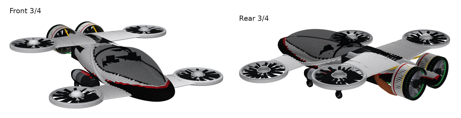 Front and rear three-quarter views: white and black fuselage with red pinstripe, smoked canopy, four white ring ducts on long wings, sponsons with wheels, twin pushers at the tail.