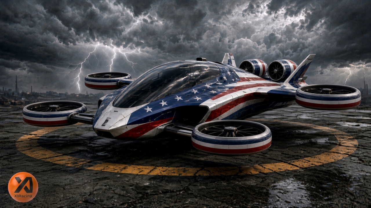Default inspiration image: the X1 Racing homepage flying car, front three-quarter view, stars-and-stripes livery, smoked canopy, ring-ducted lift fans and twin rear ducted fans, parked on a helipad under a stormy sky.